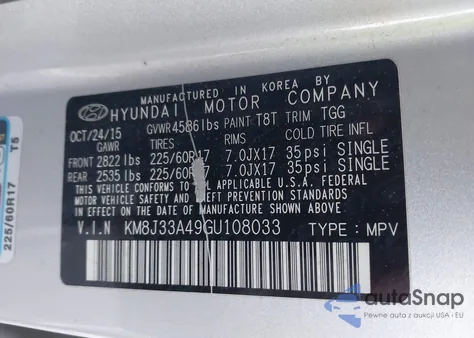 2016 Hyundai Tucson Se из США, поврежденный, VIN KM8J33A49GU108033